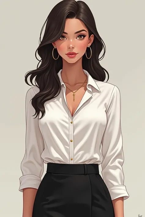 A 36-year-old women has ((brown)) skin, long dark brown hair and hazel eyes. She is 56" tall, slim and curvy. She is wearing a white silk blouse and a black pencil skirt. Subtle makeup with nude lipstick, {{anime style.}}