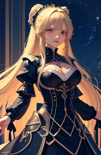 masterpiece, Highest quality, Highest quality, Official Art, beautifully、aesthetic:1.2), (1 girl), Very detailed,(Fractal Art:1.3),colorful,Most detailed,Blonde long hair,blue eyes,Moonlit Night,Rose,Big Tits