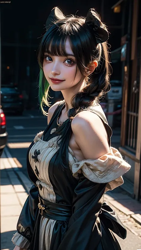 one girl, alone, hair ornaments, green hair, twin tails, long hair, dress, water,, mid shot portrait photography (farzan) from g...