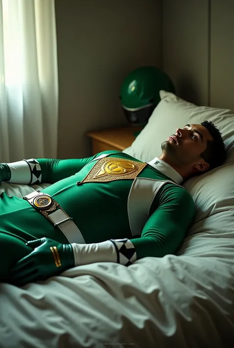 Cr7, traje del green ranger mighty morphin (sin casco) tirado en una cama 