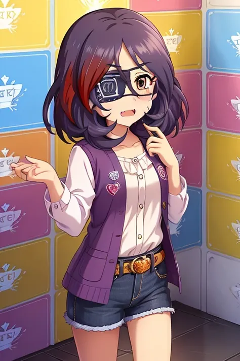 hayasaka mirei,purple hair,multicolored hair,fang,brown eyes,short hair,eyepatch,white shirt,denim shorts,shorts rolled,belt