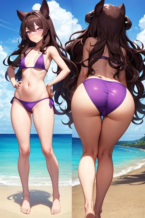 ((best quality)), ((masterpiece)), (detailed), 1 girl, full body, 19 years old, embarrassed face, young adult, somewhat short stature, purple eyes, brown hair, somewhat wavy hair, long hair, bang, blushing, very small breasts, sexy purple bikini, bending o...