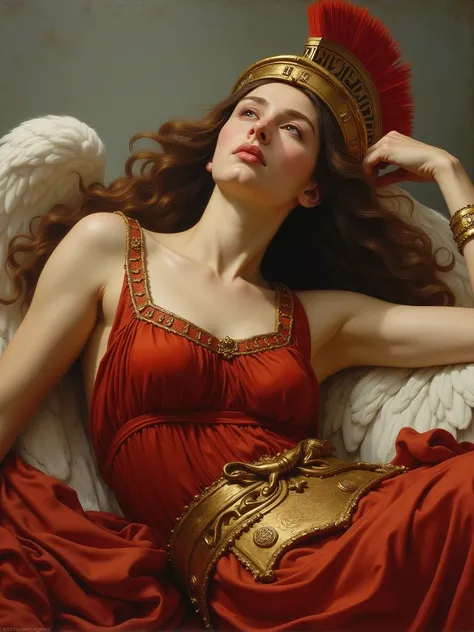 classic painting of the warrior goddess Athena, a divine woman with brown hair and gray eyes, her face exuding nobility. She is wearing red armor and a Greek helmet, lying face down in angel pose and barefoot. Her barefeet appearing.