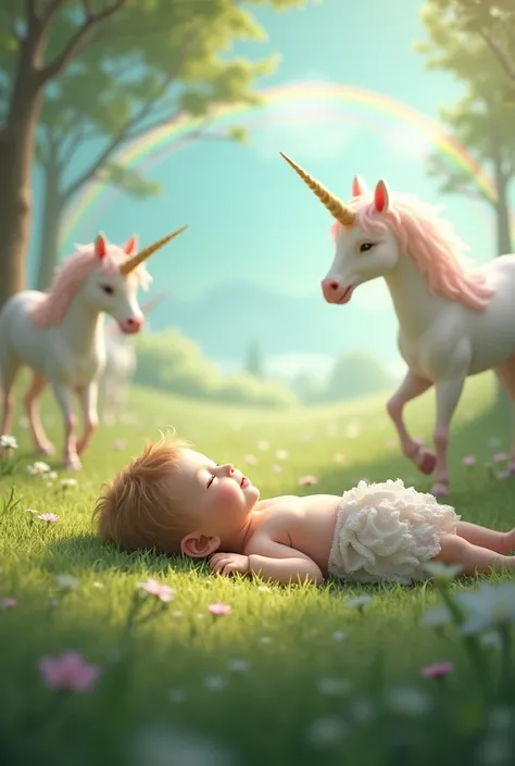 A baby girl lying on her back in the grass surrounded by unicorns with her head leaning forward on the baby girl with a magical landscape of trees and rainbows in the background 