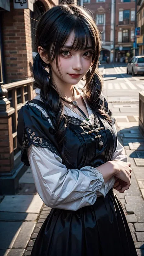 one girl, alone, hair ornaments, green hair, twin tails, long hair, dress, water,, mid shot portrait photography (farzan) from g...