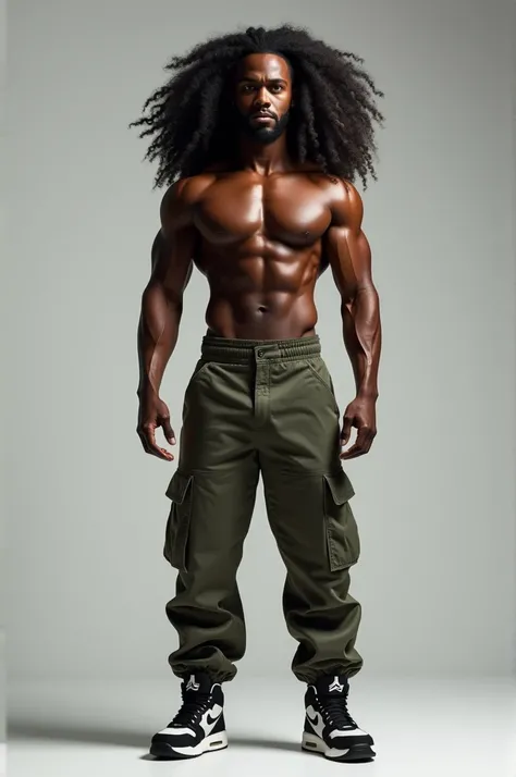 Create a black man with long curly hair shirtless and wearing cargo pants with a jordan 4