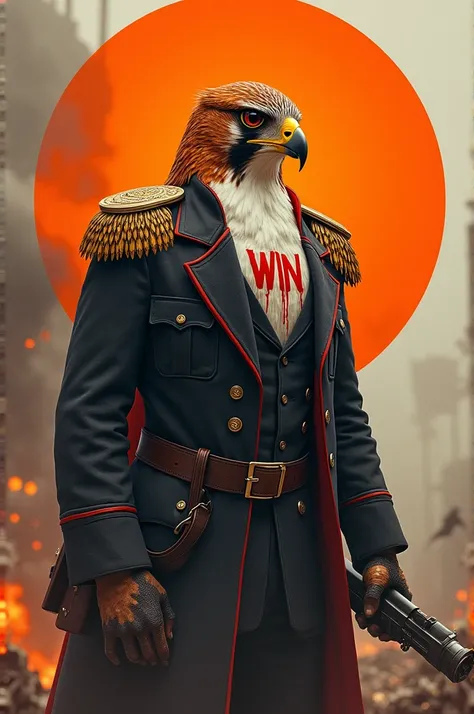 Create a falcon dressed as a soldier in the middle of a war with a weapon and on the chest the word Win in white stained with blood, all enclosed in an orange circle