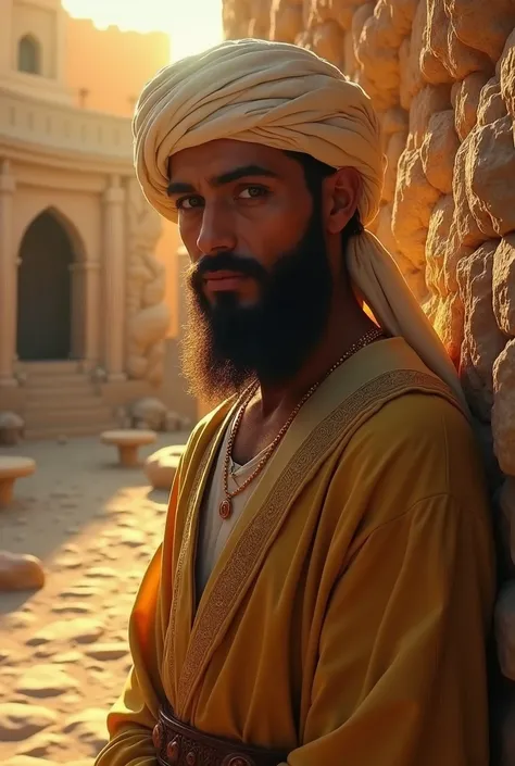 An artistic depiction of the prophet Mohameda. The scene is set in a warm, Mediterranean setting with ancient stone buildings in the background. The light is soft, with a golden glow（Extrêmement délicatement beau：1.2），8k，（chef-d&#39;œuvre：1.0），（meilleur_qu...