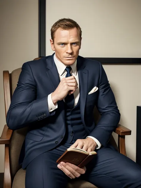 man in a suit sitting on a chair reading a book, michael fassbender, in his suit, majestosa obra-prima, erwin olaf, high resolut...