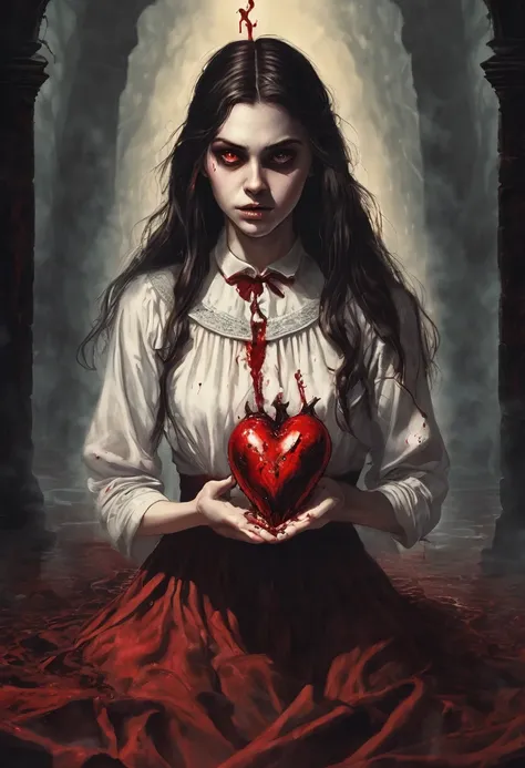 Teenage girl possessed by a demon, holding a human heart in one of his hands while a trickle of blood falls 
