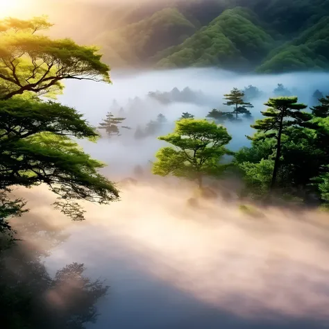 Gods world, otherworldly morning, mysterious and calm feeling, heroic, magnificent, good morning, ancient Japan, emerging from the darkness, I wish world peace. ((Highest quality, 8K, Masterpiece: 1.3))