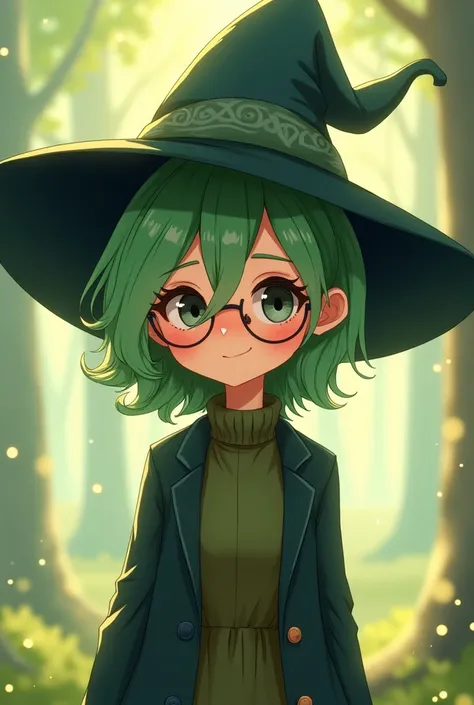 A cute slim witch with green hair and glasses , that generates tenderness in the style of an anime