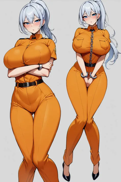 ,orange jumpsuit, uniform, orange pants,Waist Chain, Hands tucked in between thighs, arms tucked in between thighs, Handcuffs, big breasts, long silver hair, blue eyes, milf, ponytail 