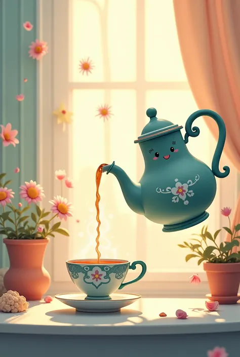 Clipart of whimsical teapot pouring tea in delicate tea cup