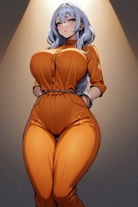 ,orange jumpsuit, uniform, orange pants,Waist Chain, Hands tucked in between thighs, arms tucked in between thighs, Handcuffs, big breasts, long silver hair, blue eyes, milf