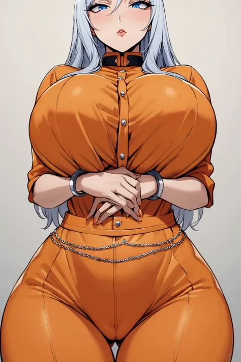 ,orange jumpsuit, uniform, orange pants,Waist Chain, Hands tucked in between thighs, arms tucked in between thighs, Handcuffs, big breasts, long silver hair, blue eyes, milf