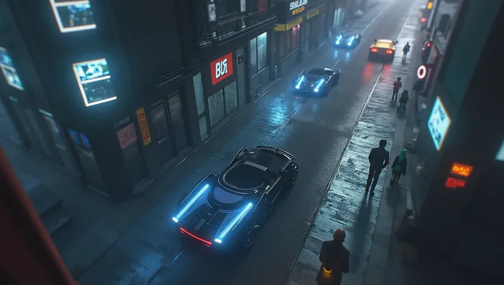 work of art, best qualityer, minimalist art, graphic design, professional art, cyberpunk city 2077, street with futuristic cars and pedestrians, illuminated buildings, technological city, BIRD POV