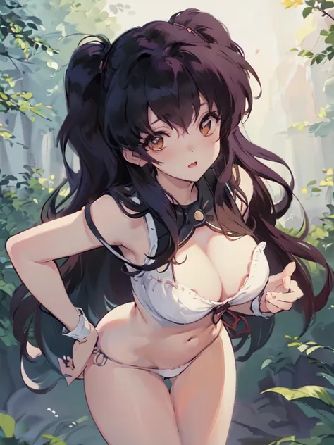 (masterpiece), 1girl, solo, standing in a forest, cleavage, hanging breasts, leaning forward, wide hips, big and round ass, horny face, Thick thighs, cleavage cutout, looking at viewer, underwear only, white bra, kagome higurashi