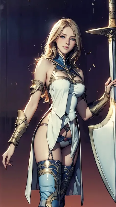 Browsing Caution,Sensual, Long blonde hair, Thick thighs, 8k, 4K, Highest quality, (High resolution:1.6), Cute anime face, Noise Reduction,Flaxen Hair、 (Sparkling Blue Eyes, A kind smile:1.3, Kind eyes:1.3)、Young Face, Anime Eyes, Asheria、(Sword in right h...