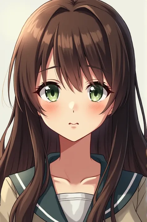 A girl with long, thick brown hair, with white skin and greenish-gray eyes with a frontal perspective and with the style of boku no hero 