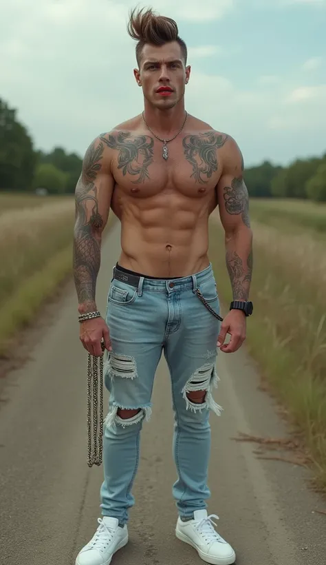 Fullbody standing picture of white skin Handsome  muscular horny nude sexy gay man wearing light blue skinny ripped jean tights, shiny black Disconnected Pompadour oiled hair style, blue eyes, shiny white varnished vinyl vans, red lip, chain, tattoos, horn...