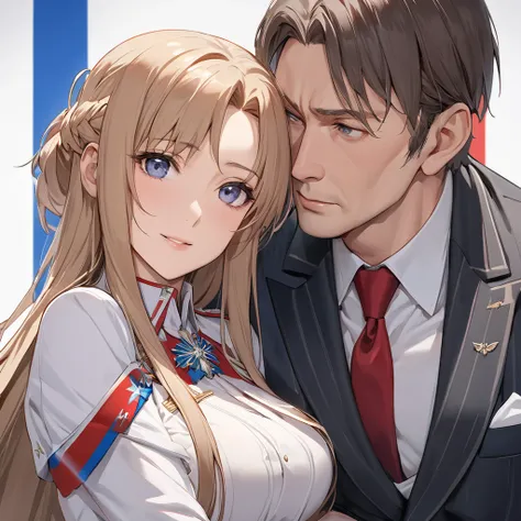 ((Highest quality)), ((masterpiece)), (detailed), （Perfect Face）、The woman is Yuuki Asuna, a Russian with light brown, semi-long hair.、The woman is a member of the United Russia party and is beautifully dressed in a suit and lavish accessories.、She is a Un...