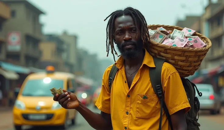 a Nigerian man and in a Nigerian setting. Yellow shirt. Dread locks, tattered beards, with a bag of razor blades, hawking in the traffic of Lagos State, naira notes in his left hands and a basket of razor blades on his shoulder.