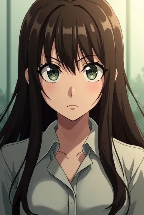 A girl with long, thick brown hair, with white skin and greenish-gray eyes with a frontal perspective and with the style of boku no hero without bangs and without a shy look 