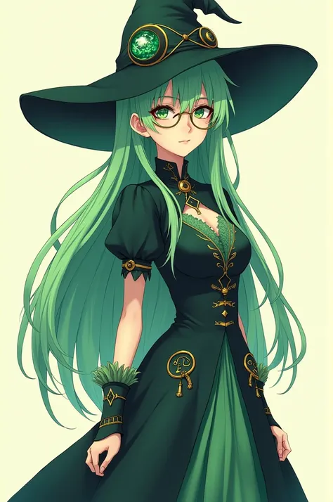 A full body witch , a thin green-haired witch with glasses in the anime style 