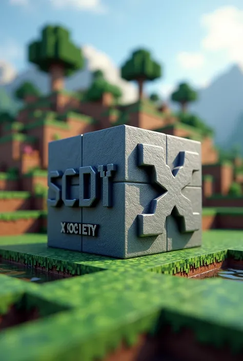 Ilustra un cubo de Minecraft and pon el letras grandes "SCDX" and "X SOCIETY" in small letters as a miniature in the background a world of Minecraft 