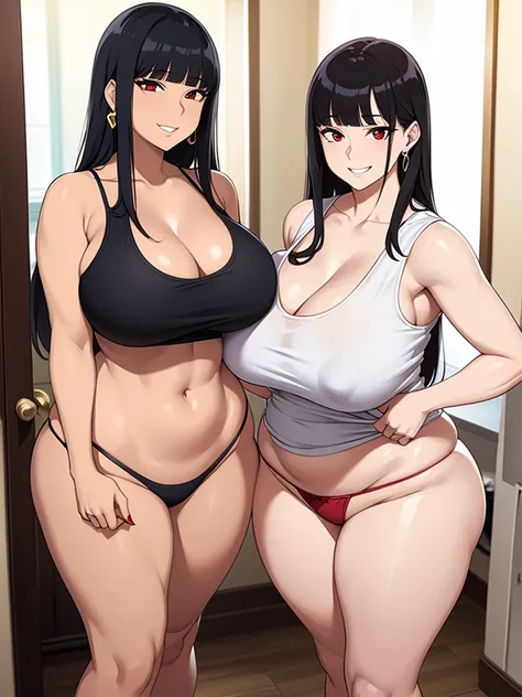 sexy woman, mature, milf, huge breasts, large breasts, curvy, voluptuous, black hair (straight bangs), red eyes, long hair, short tank top, thong, earrings, grinning, standing, house, indoors