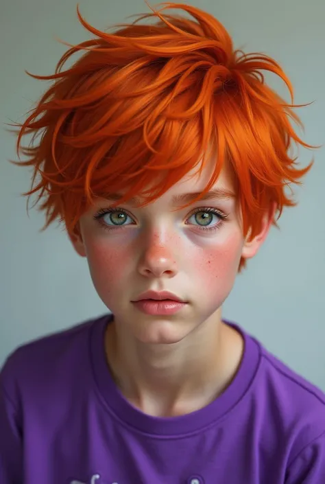 teenager boy with orange hair and grey eyes wearing purple shirt