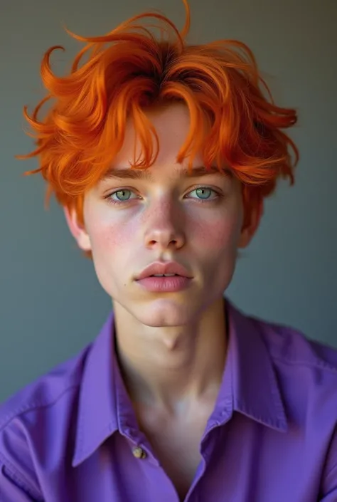 teenager boy with orange hair and grey eyes wearing purple shirt