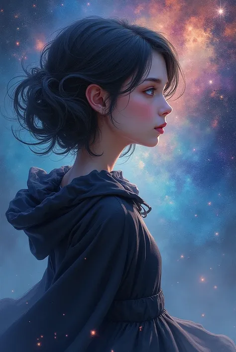 [Young 1girl, Cute Black Chaos Bob To The Wind, baroque:20]:BG[Nebula IC434] (Art by Slawomir-Maniak), Lush watercolor palette canvas/acrylic, Intricate, Extreme detailing, Complex key, ((Single Shot)), ((Best Quality)), ((Masterpiece)) , ( (Realistic)), (...