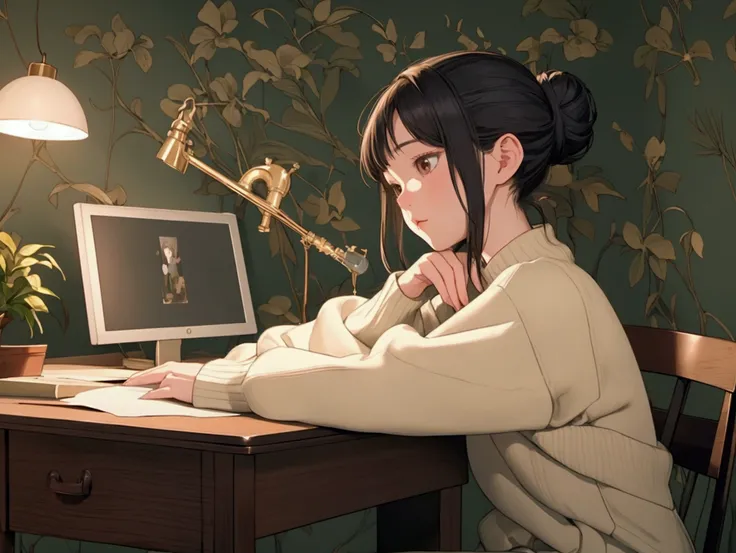 (Masterpiece, highest quality, illustration, fine details), ((highly detailed CG Unity 8k wallpaper, high resolution)), high saturation, low brightness, concept art, ((no people)), (cozy and warmly lit study room), (girl with a bun hairstyle), (large desk ...