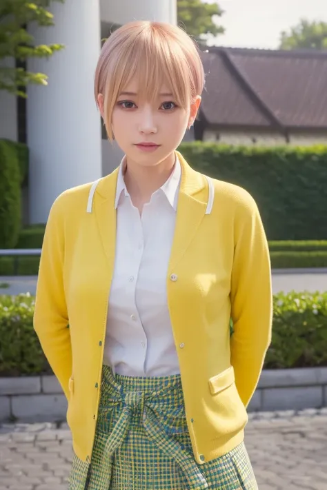 (Highest quality、4K、8k、High resolution、masterpiece:1.2)、Very detailed、(Genuine、Realistic、Realistic:1.3)、blonde、Pixie Cut、uniform、White shirt、Yellow-green checkered skirt、Navy blue jacket、A yellow cardigan tied around her waist、Full body photo、Nakano Ichika