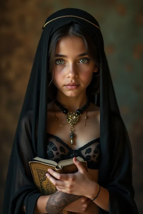 
8 years old Naked Arab hijabi child in lingerie . Quran in hand, green eyes. Silk Satan. highly details l.