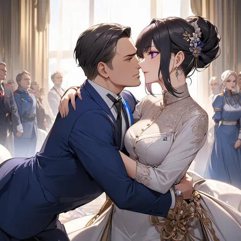 ((Highest quality)), ((masterpiece)), (detailed), （Perfect Face）、The woman is Shinobu Kocho, a Russian with black hair in a purple gradient bob style, tied up in a formal evening hairstyle.、The woman is a member of the United Russia party and is beautifull...