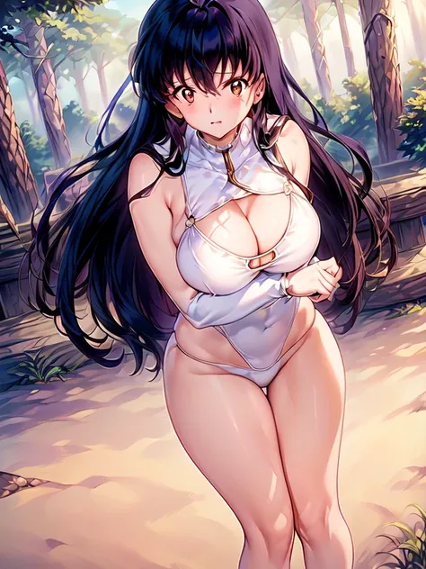 (masterpiece), 1girl, solo, standing in a forest, cleavage, hanging breasts, leaning forward, wide hips, big and round ass, horny face, Thick thighs, cleavage cutout, looking at viewer, underwear only, white bra, kagome higurashi