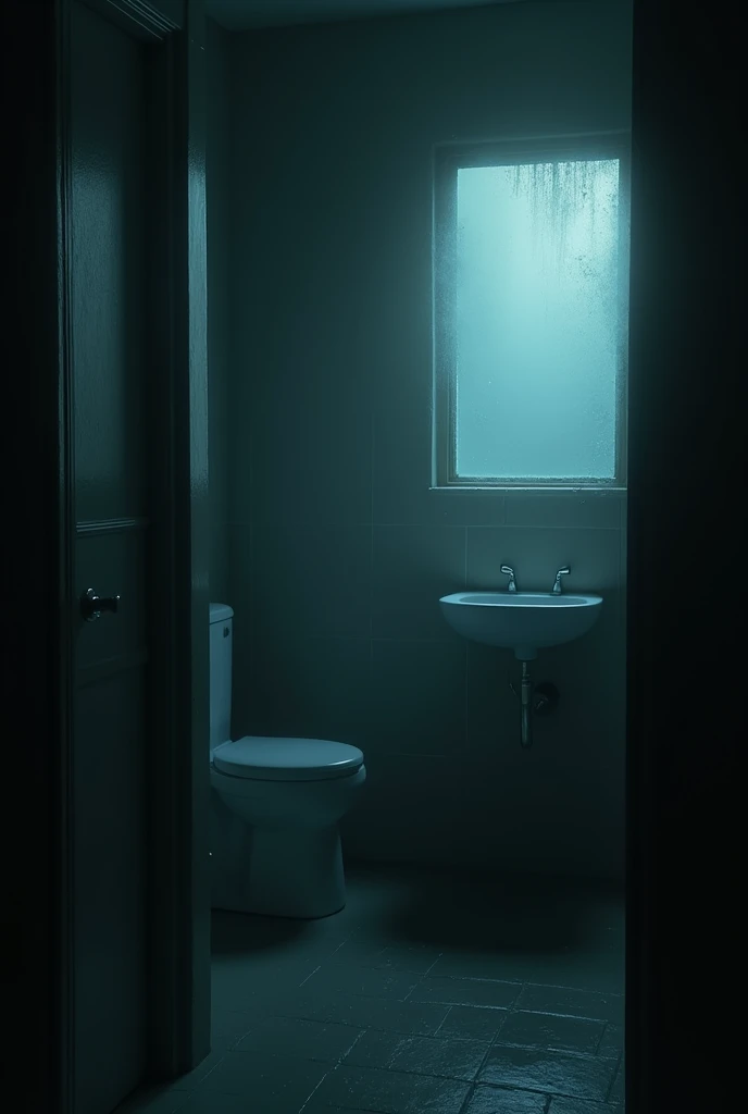 A dimly lit bathroom with a foggy mirror.