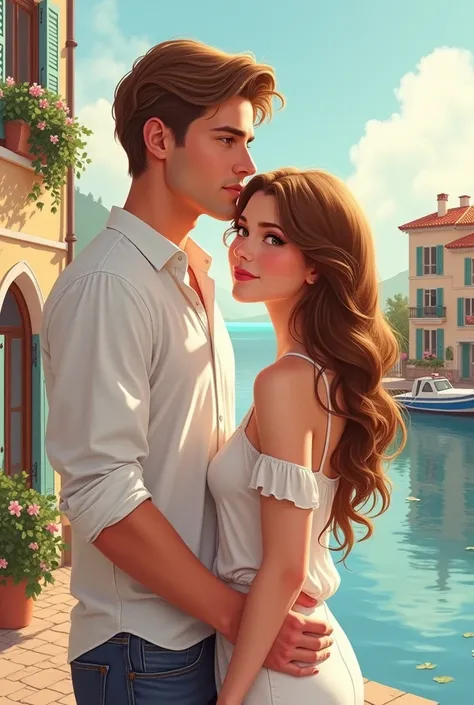 Book cover with a young couple in Marcella France at the port dressed in white The boy is tall with thick honey brown hair, pale skin, honey green eyes and thick lips The girl is short with thick wavy brown hair and honey eyes, pale skin, pink and thick li...