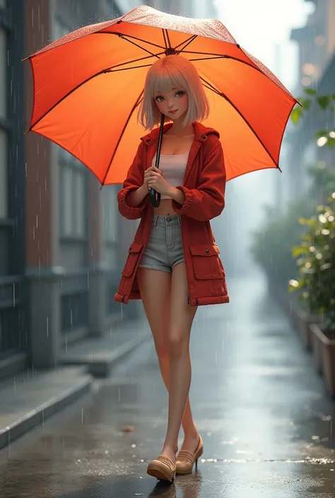 Highest quality、High resolution、Detailed Background、Teenage beauty、Huge breasts、Perfect body line、Light color hair、cute髪型、cute仕草、The girl is walking lightly while holding the umbrella tightly in both hands.、
I take rhythmic small steps to the sound of rain...