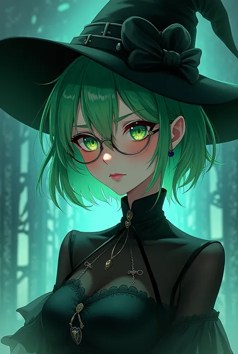 A pretty slim witch with glasses and short green hair , Shoulder length hair in anime and gothic style 