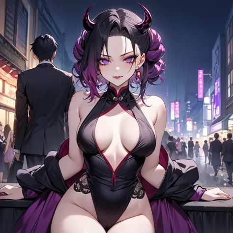 ((Highest quality)), ((masterpiece)), (detailed), （Perfect Face）、The demon woman is Shinobu Kochou, with black bob hair with purple gradation at the ends, styled in a formal evening hairstyle.、The woman is an evil man-eater and wears revealing clothing、Cit...