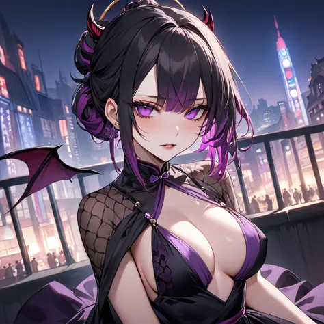 ((Highest quality)), ((masterpiece)), (detailed), （Perfect Face）、The demon woman is Shinobu Kochou, with black bob hair with purple gradation at the ends, styled in a formal evening hairstyle.、The woman is an evil man-eater and wears revealing clothing、Cit...