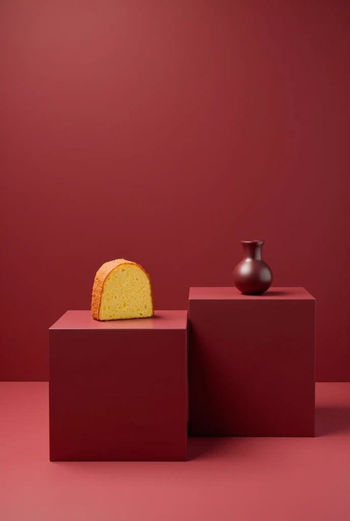 Two product display cubes of different heights, in wine color,
in just one of the cubes a panettone, the other little vase with nothing on top  
