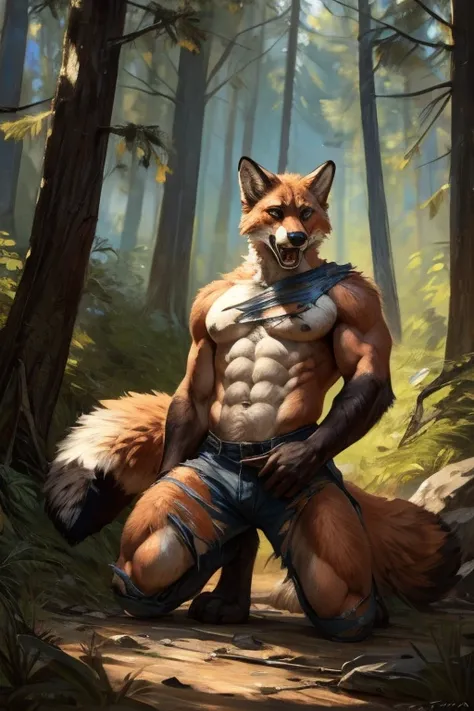 male fluffy red fox transformation,  comic book style, illustration, solo, abs, pecs, concentrated expression, masculine body, masterpiece, best art, full body, digitigrade, by oouna, by taran fiddler, torn pants, torn shirt, detailed hands, tall, detailed...