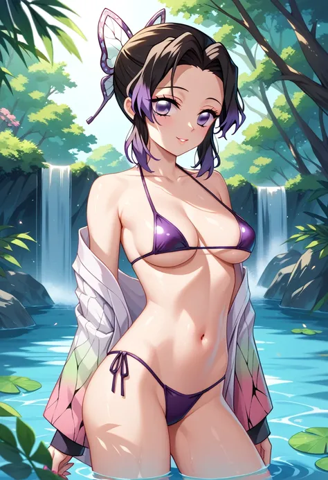 A kochou shinobu girl, demon slayer, Kimetsu no Yaiba, Shinobu Kochou, cabelo roxo, em waters termais naturais, at the forest, corpo inteiro de baixo da water branca, Nevoa, water, in a small, transparent bikini 