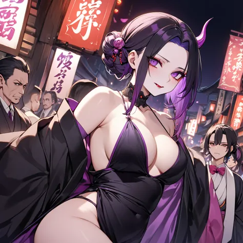 ((Highest quality)), ((masterpiece)), (detailed), （Perfect Face）、The demon woman is Shinobu Kochou, with black bob hair with purple gradation at the ends, styled in a formal evening hairstyle.、The woman is an evil man-eater and wears revealing clothing、Nig...