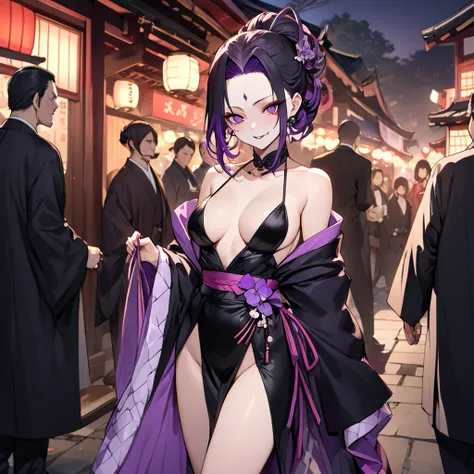 ((Highest quality)), ((masterpiece)), (detailed), （Perfect Face）、The demon woman is Shinobu Kochou, with black bob hair with purple gradation at the ends, styled in a formal evening hairstyle.、The woman is an evil man-eater and wears revealing clothing、Nig...